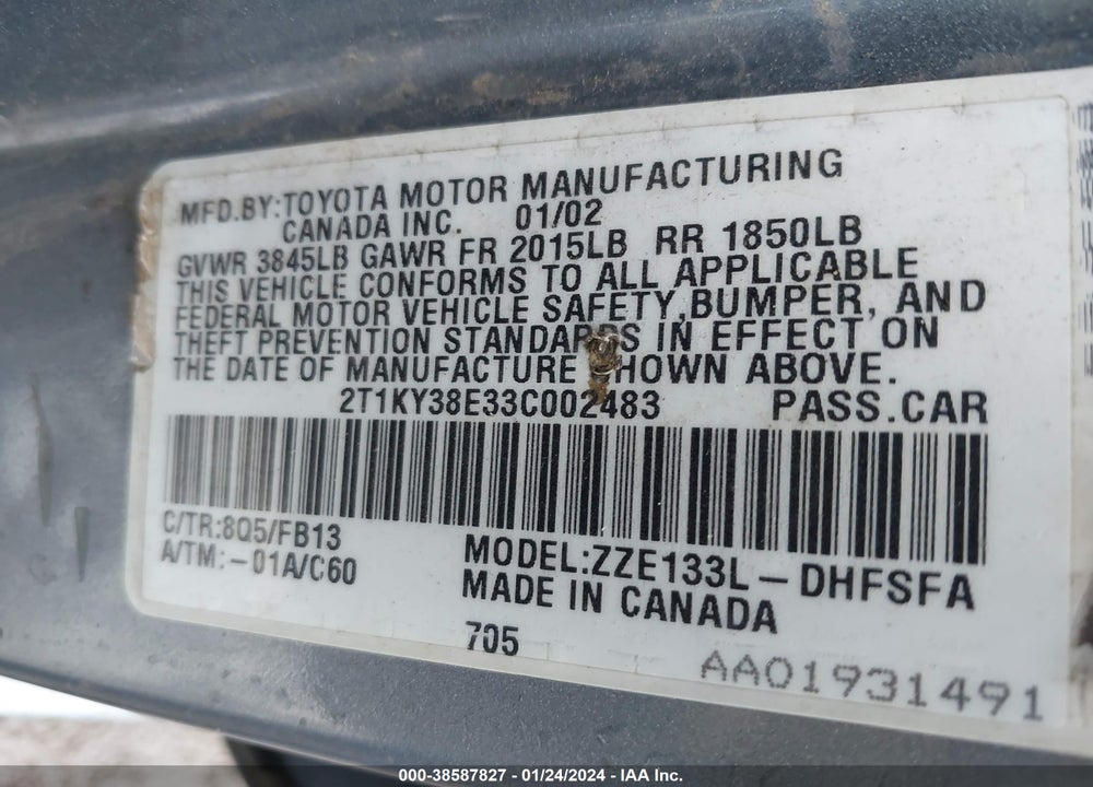 2003 TOYOTA MATRIX XRS VIN: 2T1KY38E33C002483
