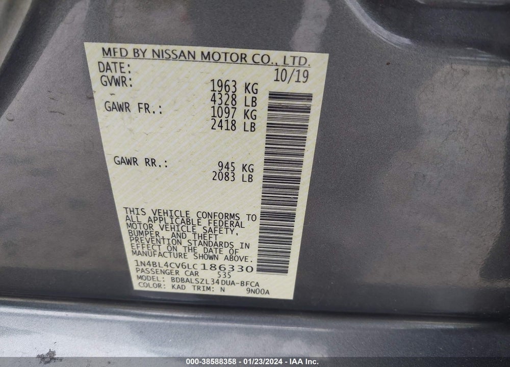 2020 NISSAN ALTIMA SR FWD VIN: 1N4BL4CV6LC186330