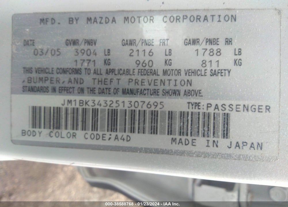 2005 MAZDA MAZDA3 VIN: JM1BK343251307695