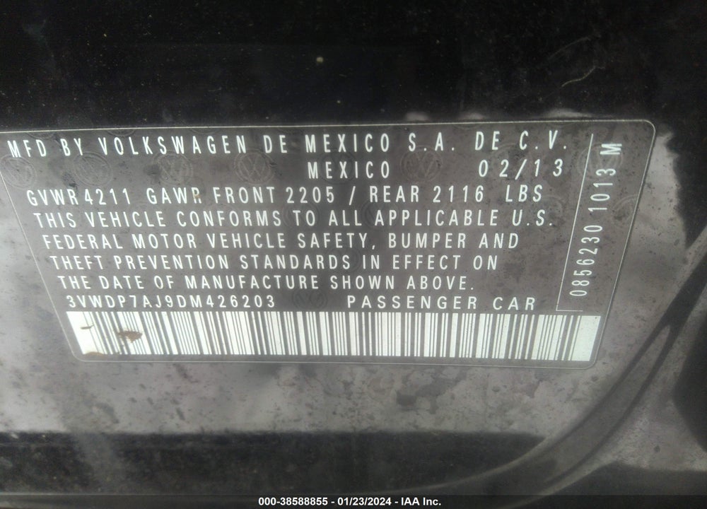 2013 VOLKSWAGEN JETTA 2.5L SE VIN: 3VWDP7AJ9DM426203