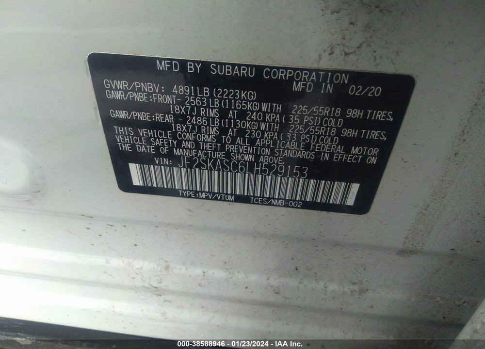 2020 SUBARU FORESTER LIMITED VIN: JF2SKASC6LH529153