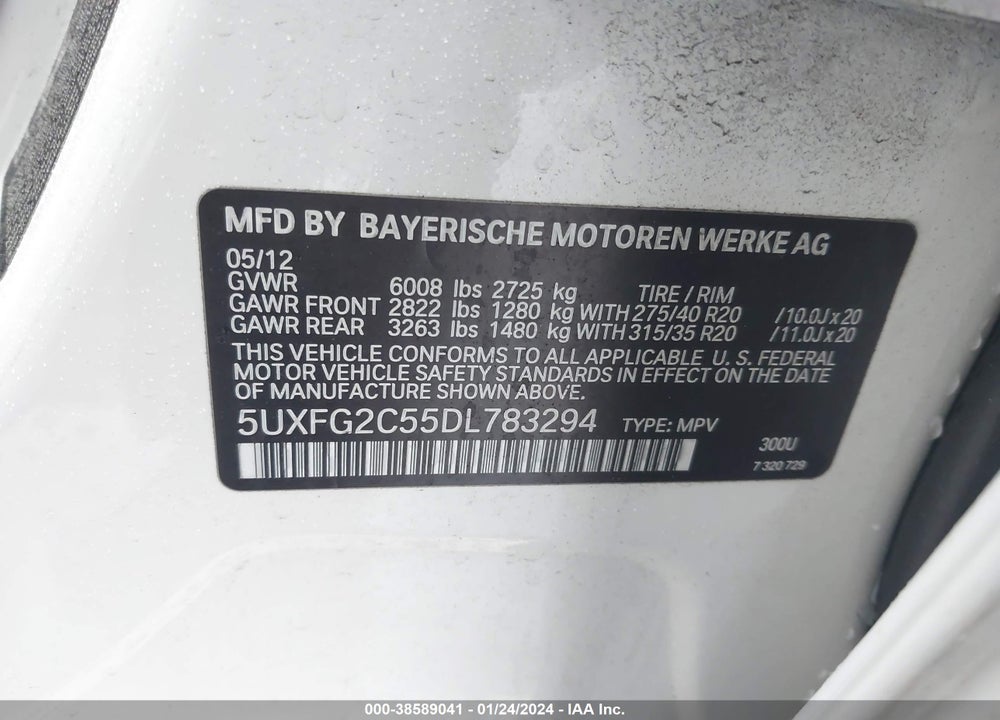 2013 BMW X6 XDRIVE35I VIN: 5UXFG2C55DL783294
