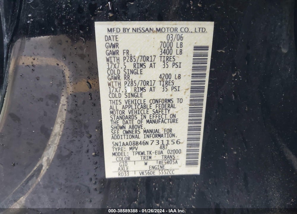 2006 NISSAN ARMADA SE OFF-ROAD VIN: 5N1AA08B46N731156