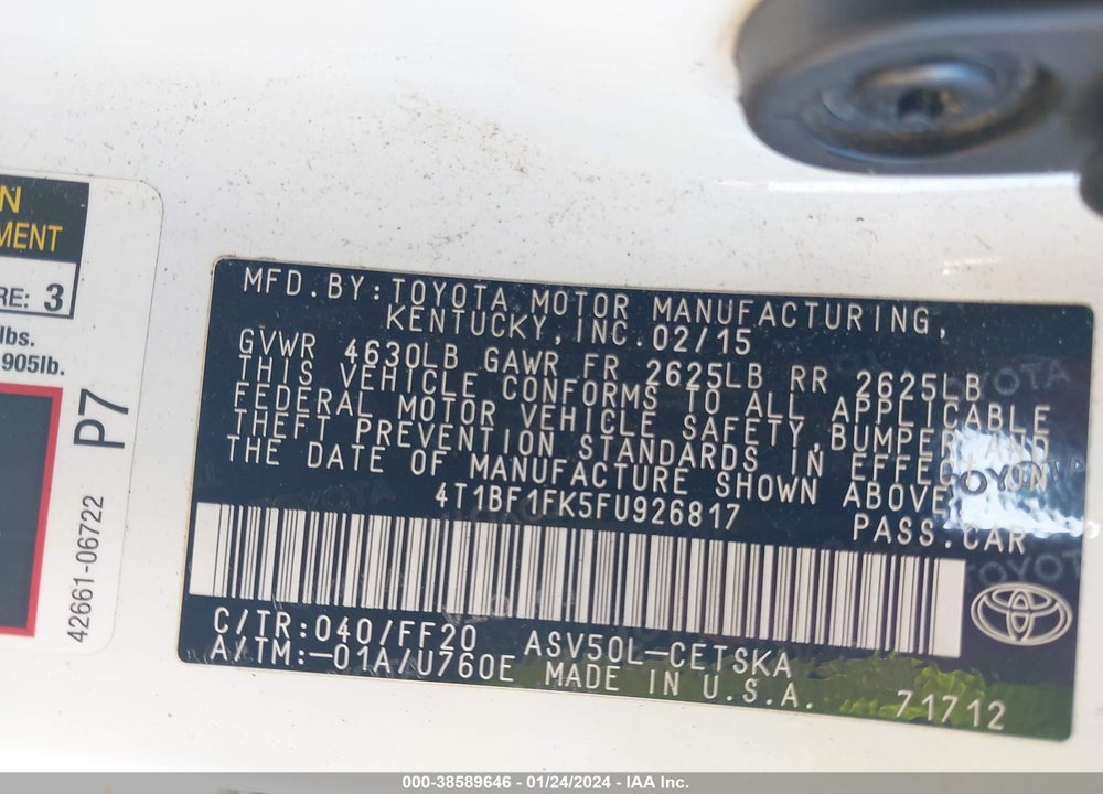 2015 TOYOTA CAMRY SE VIN: 4T1BF1FK5FU926817