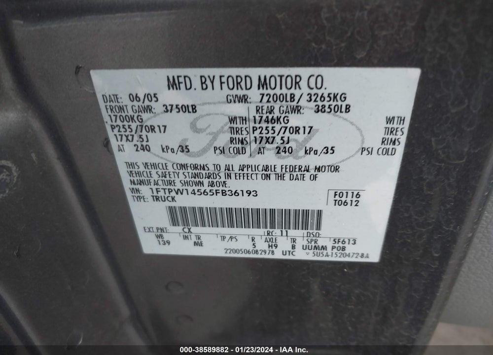 2005 FORD F-150 VIN: 1FTPW14565FB36193