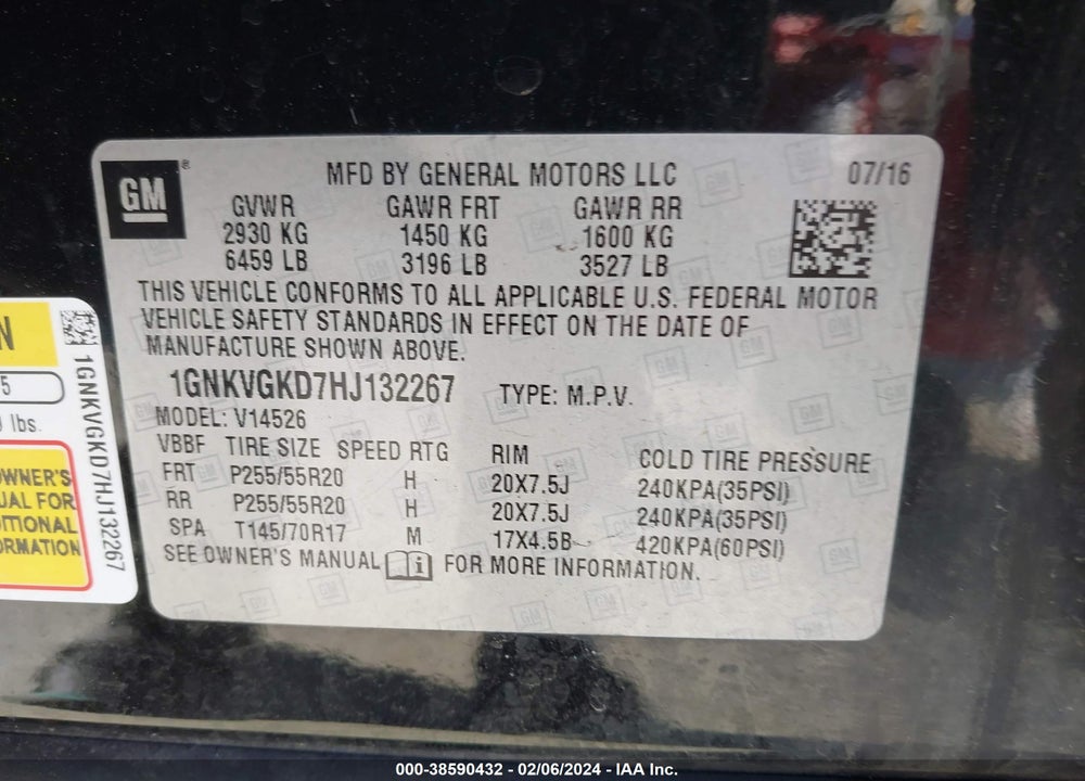 2017 CHEVROLET TRAVERSE 1LT VIN: 1GNKVGKD7HJ132267