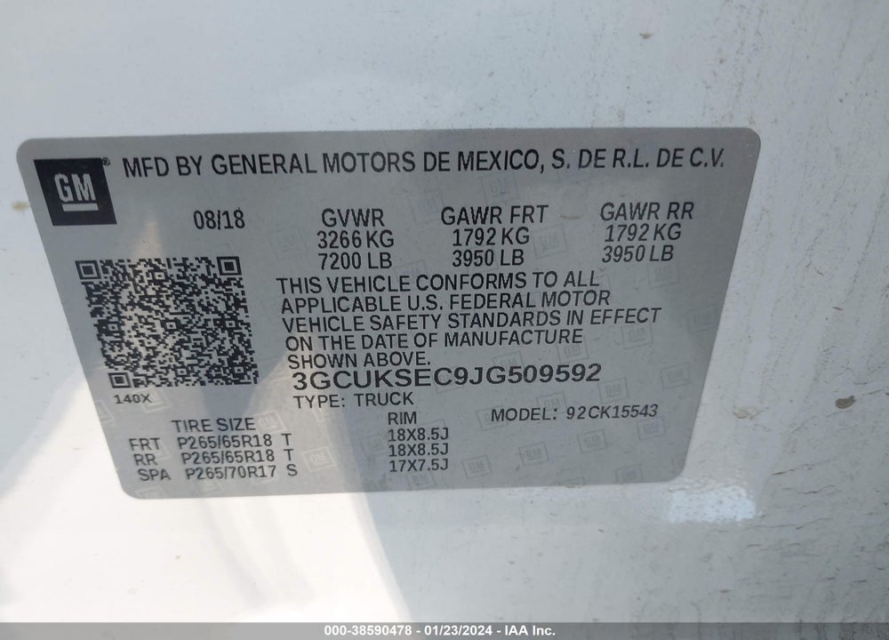 2018 CHEVROLET SILVERADO 1500 1LZ VIN: 3GCUKSEC9JG509592