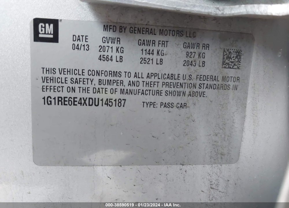 2013 CHEVROLET VOLT VIN: 1G1RE6E4XDU145187