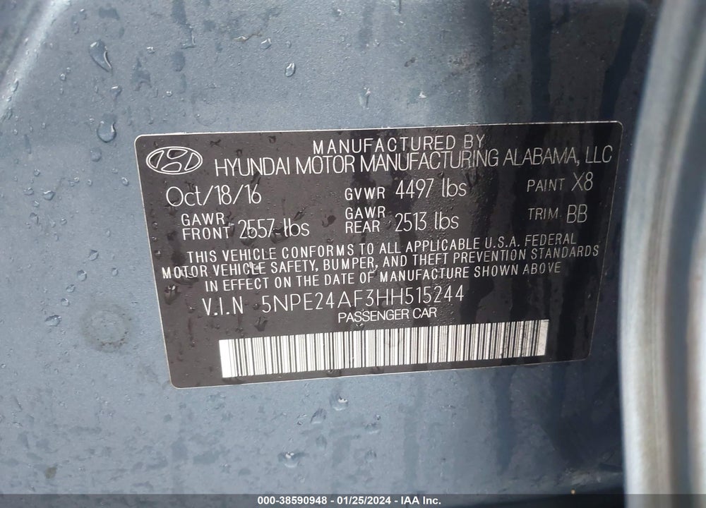 2017 HYUNDAI SONATA SE VIN: 5NPE24AF3HH515244