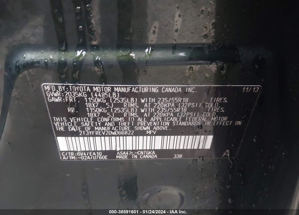 2013 TOYOTA RAV4 LIMITED VIN: 2T3YFREV2DW066822