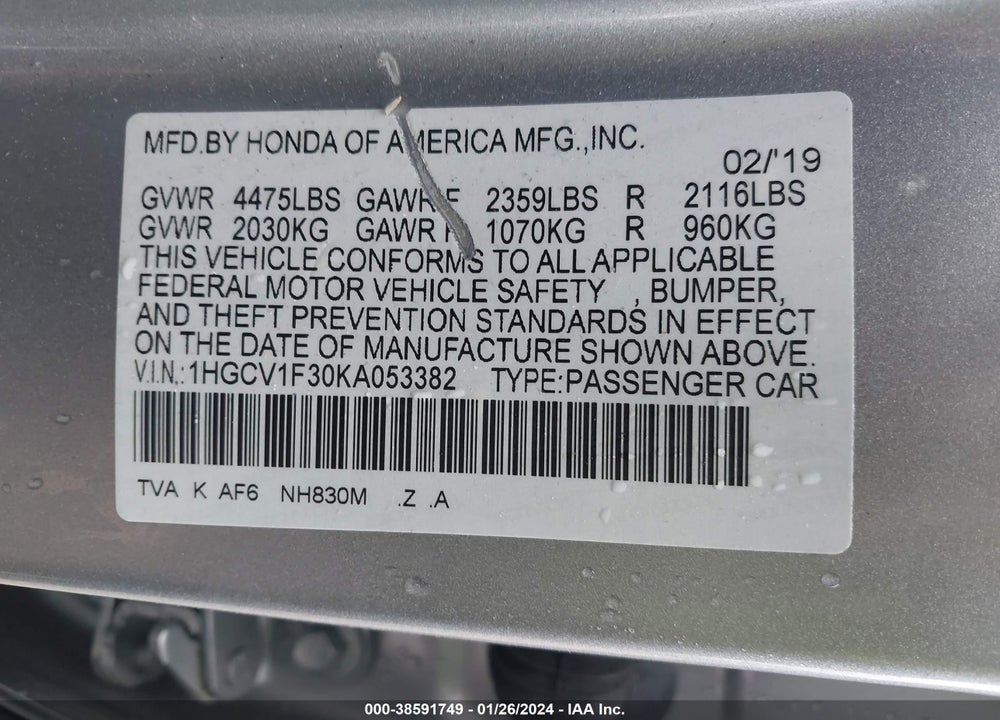 2019 HONDA ACCORD SPORT VIN: 1HGCV1F30KA053382