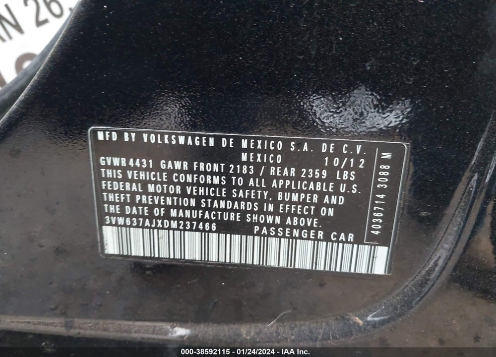 2013 VOLKSWAGEN JETTA HYBRID VIN: 3VW637AJXDM237466