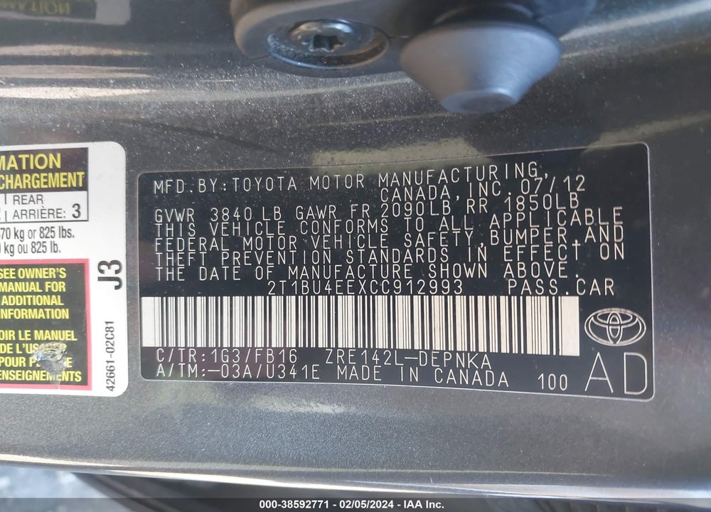 2012 TOYOTA COROLLA LE VIN: 2T1BU4EEXCC912993