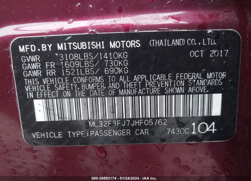 2018 MITSUBISHI MIRAGE G4 ES VIN: ML32F3FJ7JHF05762