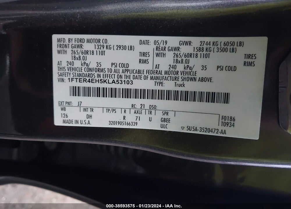 2019 FORD RANGER LARIAT VIN: 1FTER4EH5KLA53103