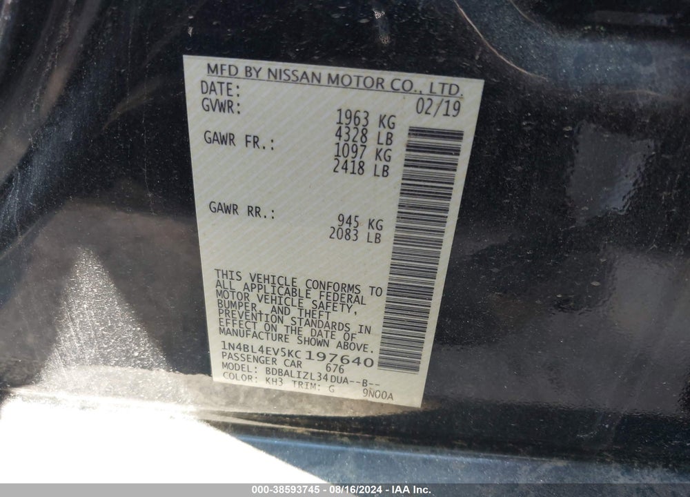 2019 NISSAN ALTIMA VIN: 1N4BL4EV5KC197640