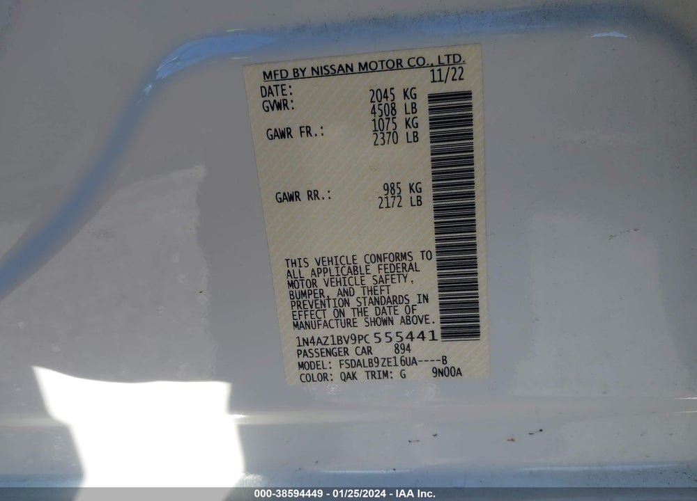 2023 NISSAN LEAF S 40 KWH VIN: 1N4AZ1BV9PC555441