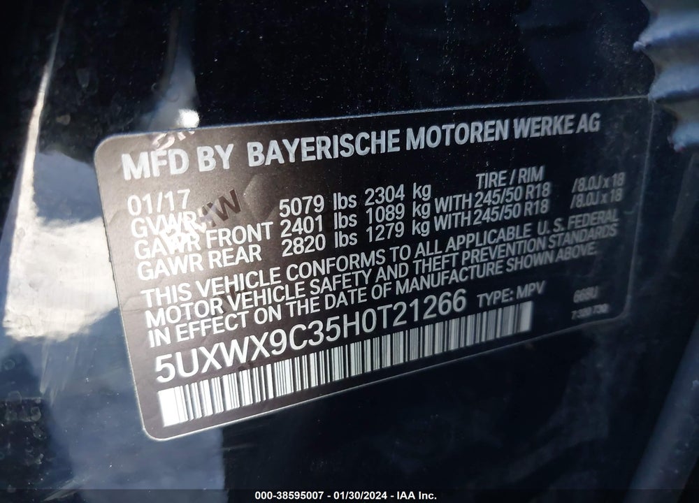 2017 BMW X3 VIN: 5UXWX9C35H0T21266