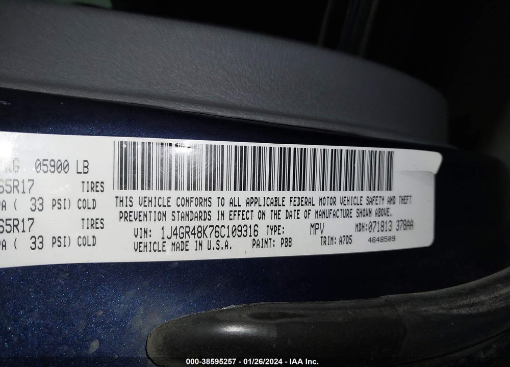 2006 JEEP GRAND CHEROKEE LAREDO VIN: 1J4GR48K76C109316