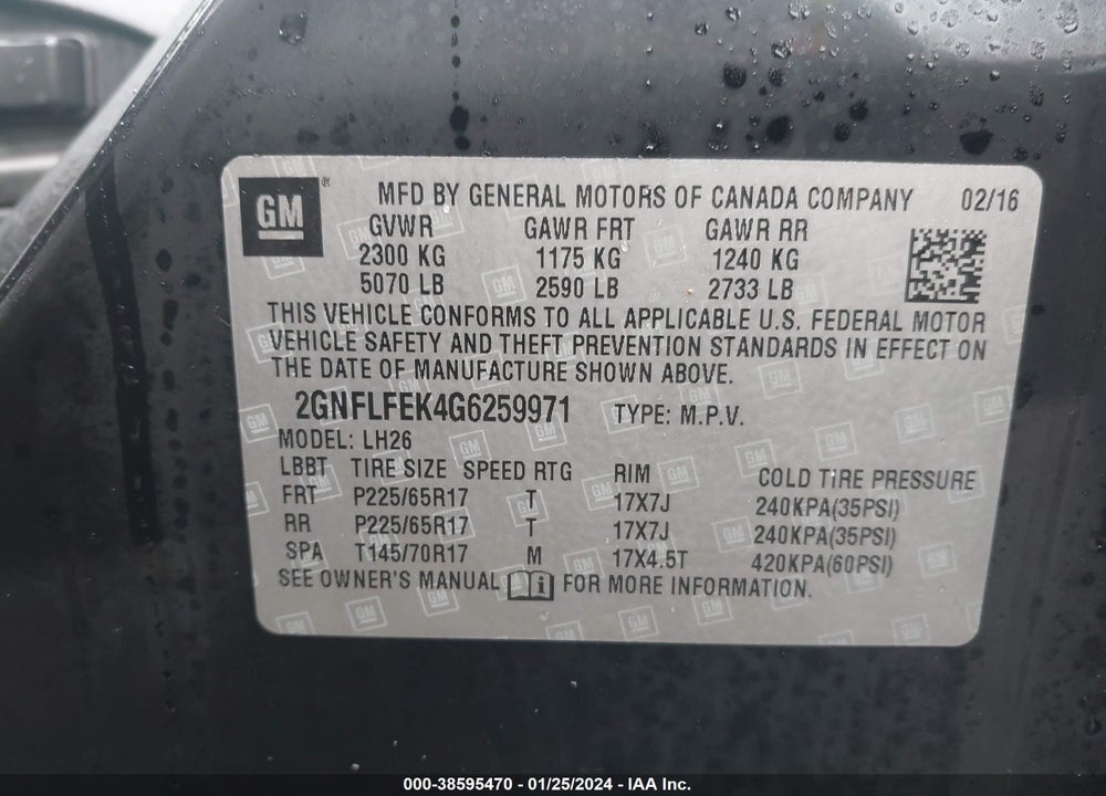 2016 CHEVROLET EQUINOX LT VIN: 2GNFLFEK4G6259971