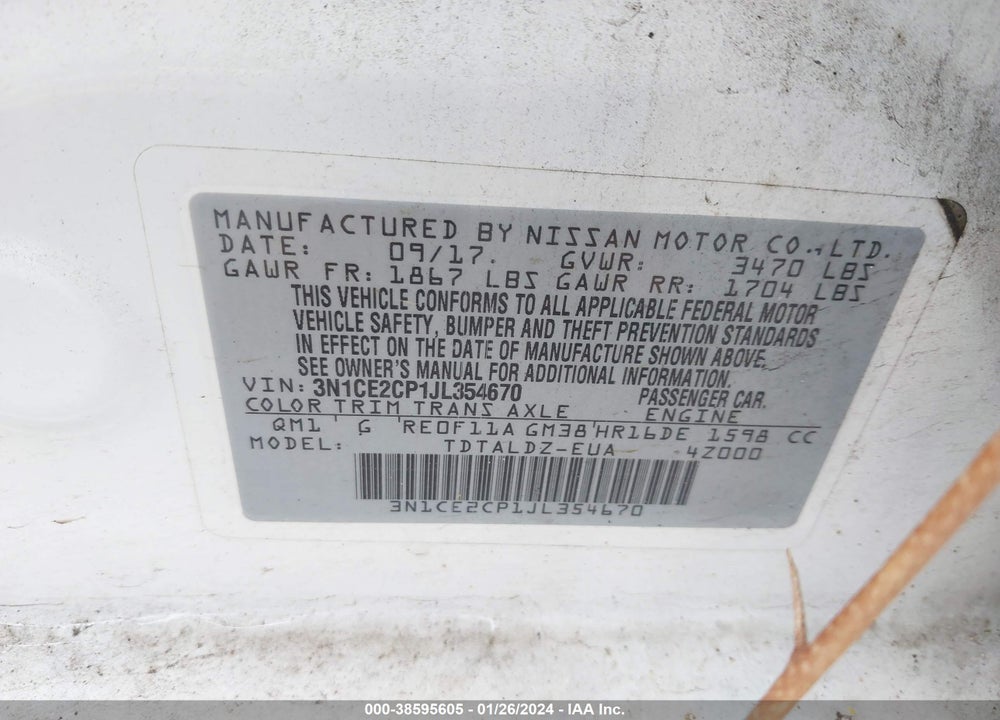 2018 NISSAN VERSA NOTE SV VIN: 3N1CE2CP1JL354670