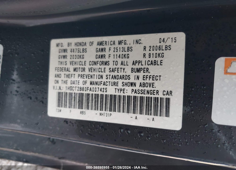 2015 HONDA ACCORD EXL VIN: 1HGCT2B80FA007425