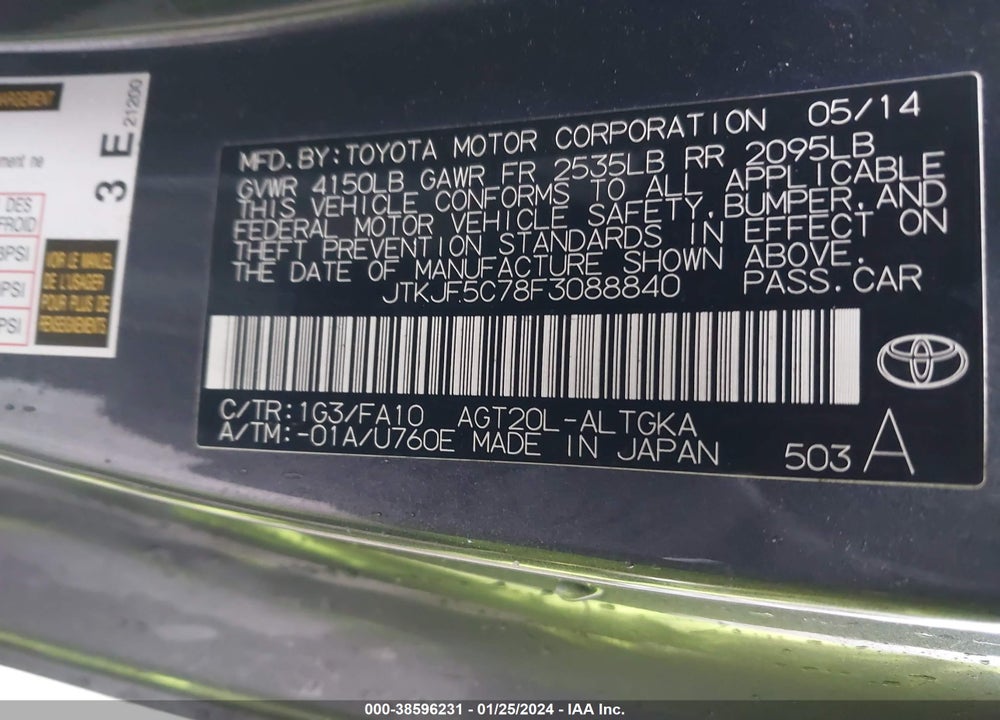 2015 SCION TC VIN: JTKJF5C78F3088840