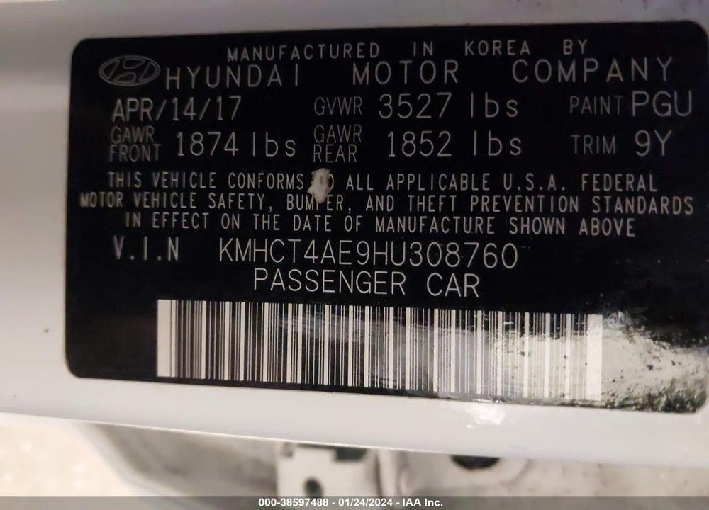 2017 HYUNDAI ACCENT SE VIN: KMHCT4AE9HU308760