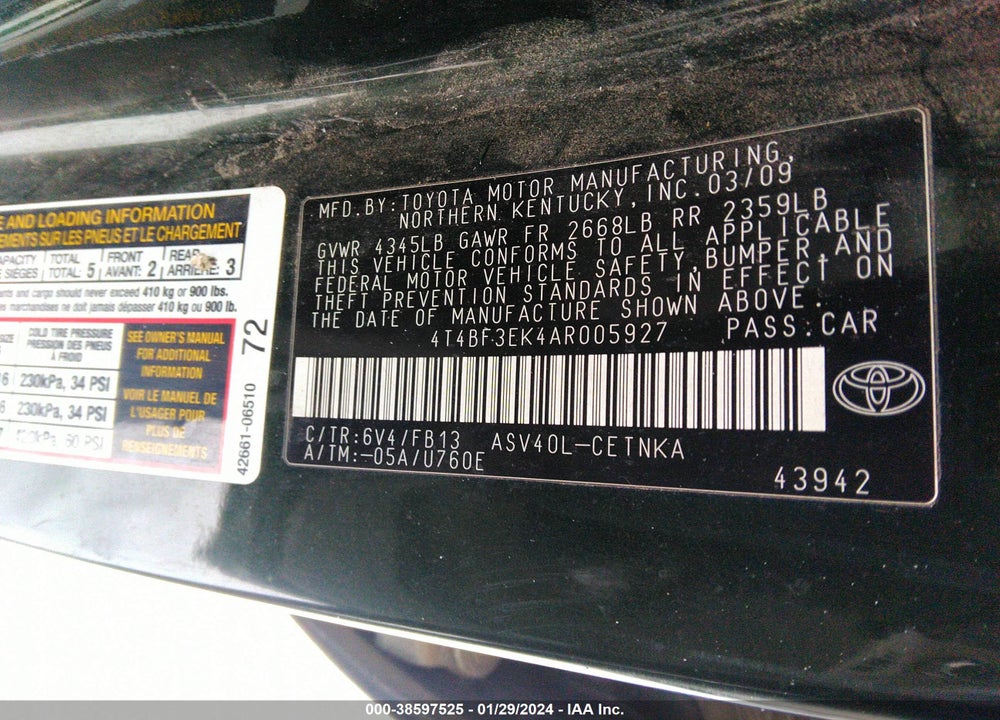 2010 TOYOTA CAMRY LE VIN: 4T4BF3EK4AR005927