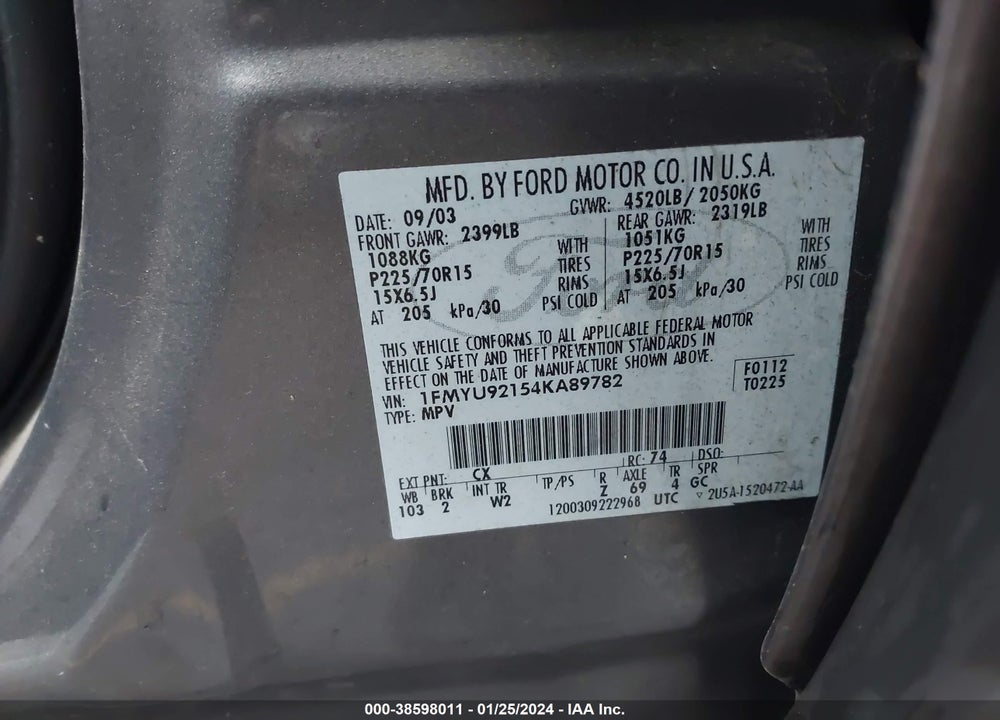 2004 FORD ESCAPE XLS VIN: 1FMYU92154KA89782
