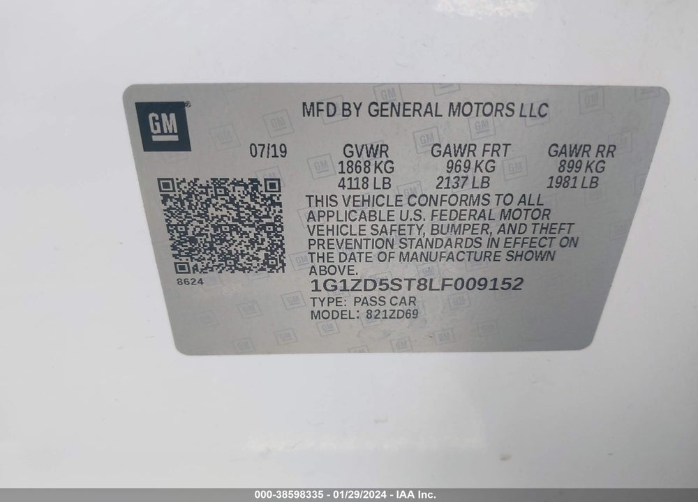 2020 CHEVROLET MALIBU FWD LT VIN: 1G1ZD5ST8LF009152