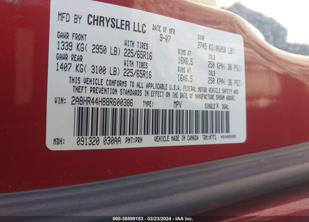 2008 CHRYSLER TOWN & COUNTRY LX VIN: 2A8HR44H88R600386