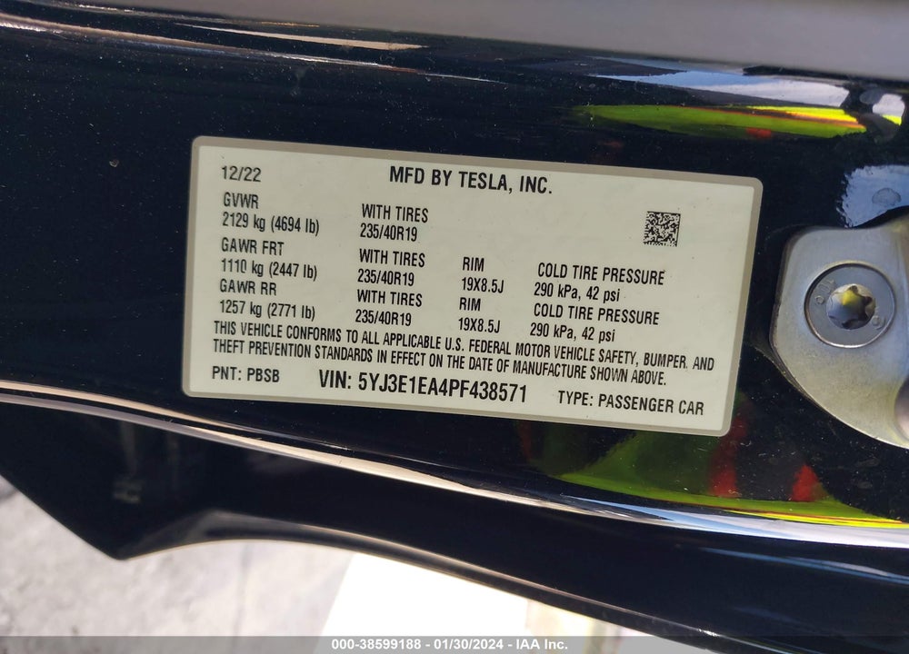2023 TESLA MODEL 3 REAR-WHEEL DRIVE VIN: 5YJ3E1EA4PF438571