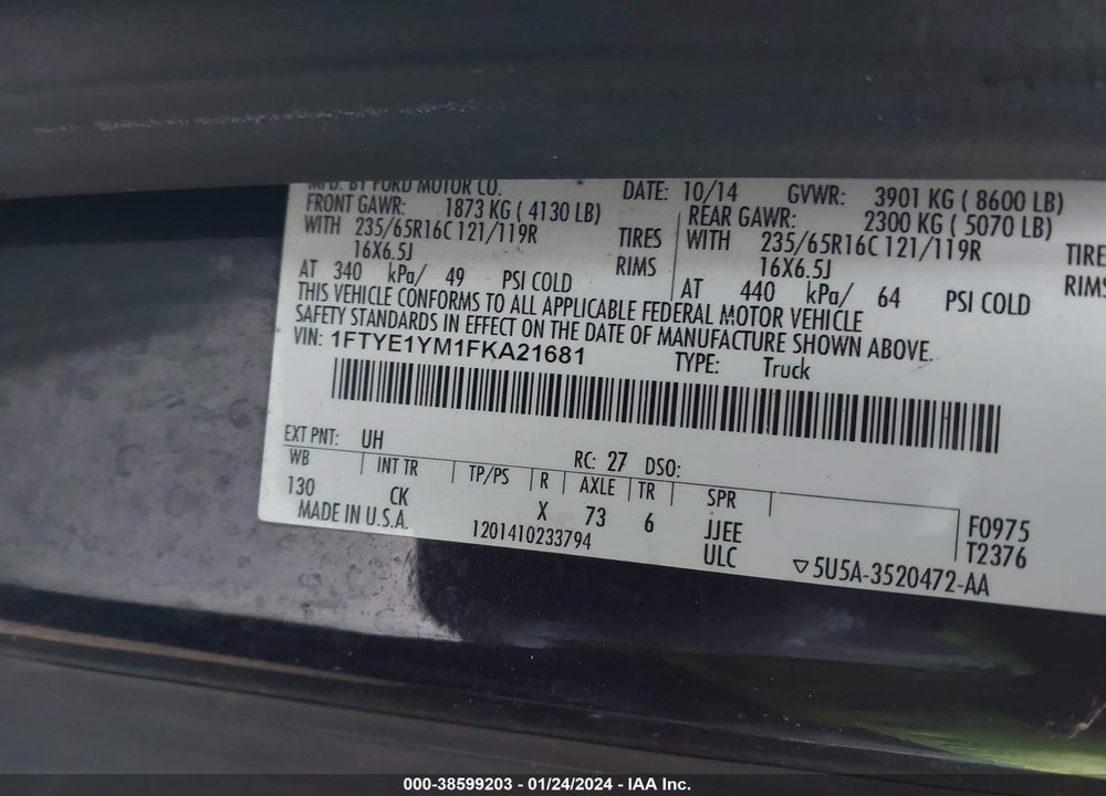 2015 FORD TRANSIT-150 VIN: 1FTYE1YM1FKA21681