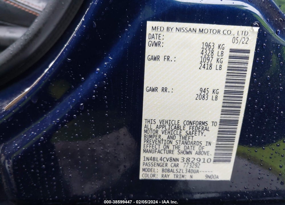 2022 NISSAN ALTIMA SR FWD VIN: 1N4BL4CV8NN382910