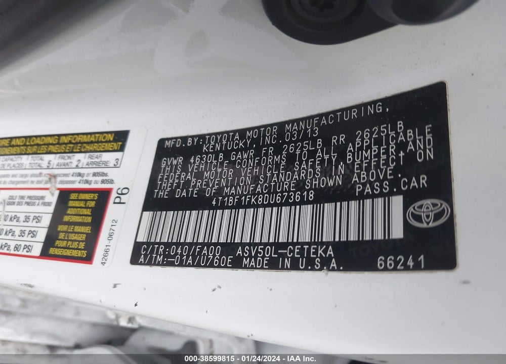 2013 TOYOTA CAMRY L VIN: 4T1BF1FK8DU673618