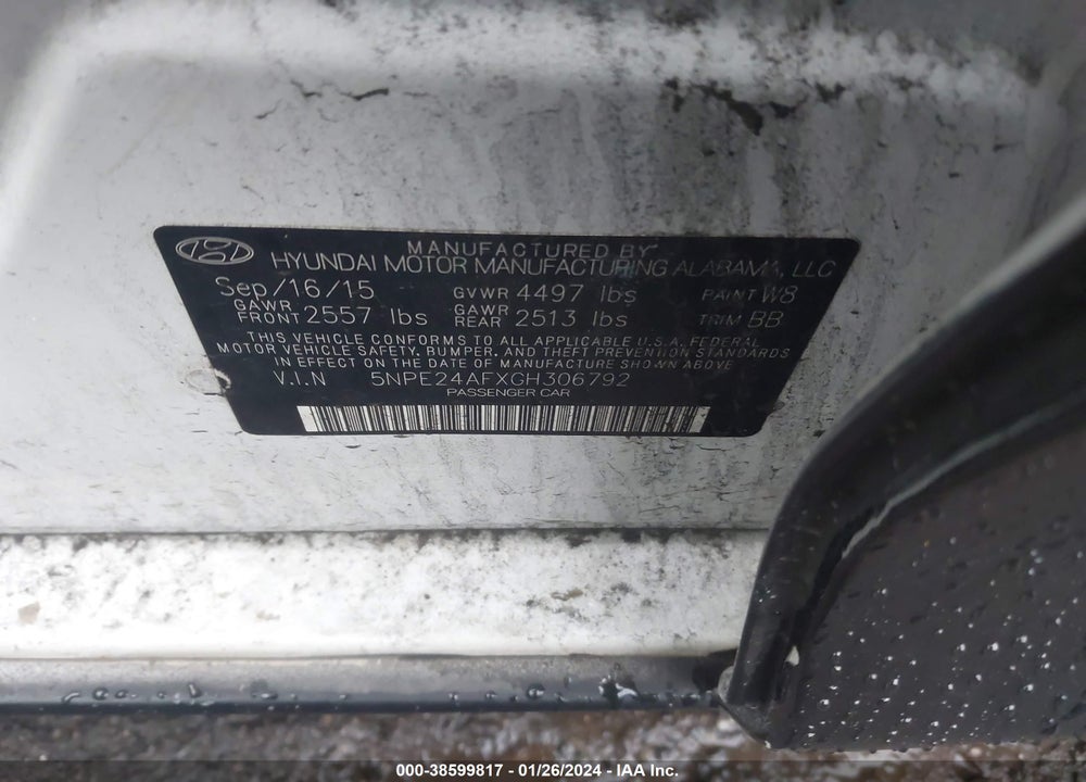 2016 HYUNDAI SONATA SE VIN: 5NPE24AFXGH306792