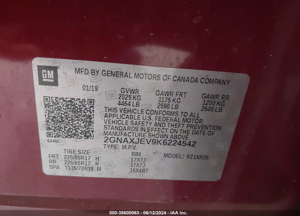 2019 CHEVROLET EQUINOX LT VIN: 2GNAXJEV9K6224542