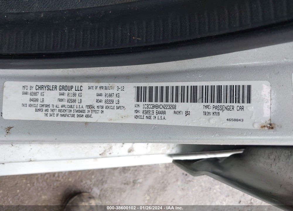2012 CHRYSLER 200 LX VIN: 1C3CCBABXCN223268