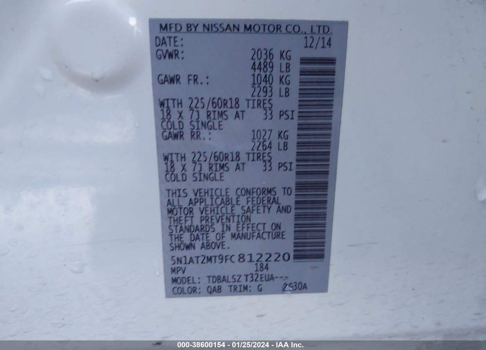 2015 NISSAN ROGUE SL VIN: 5N1AT2MT9FC812220