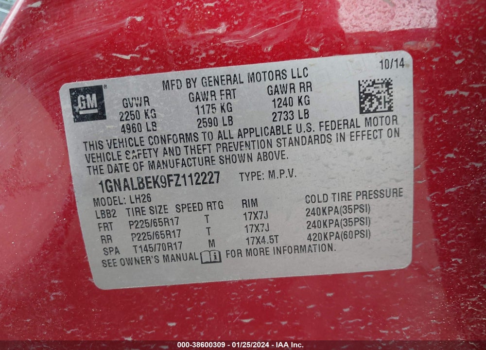 2015 CHEVROLET EQUINOX 1LT VIN: 1GNALBEK9FZ112227