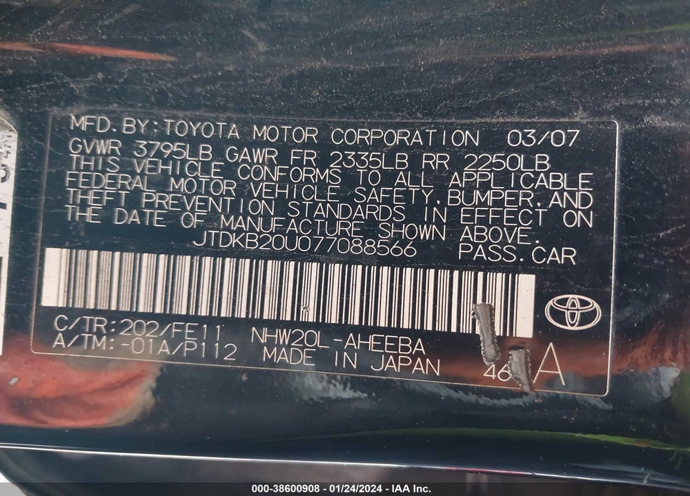 2007 TOYOTA PRIUS VIN: JTDKB20U077088566