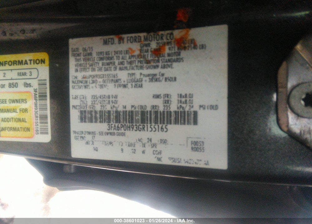 2016 FORD FUSION SE VIN: 3FA6P0H93GR155165