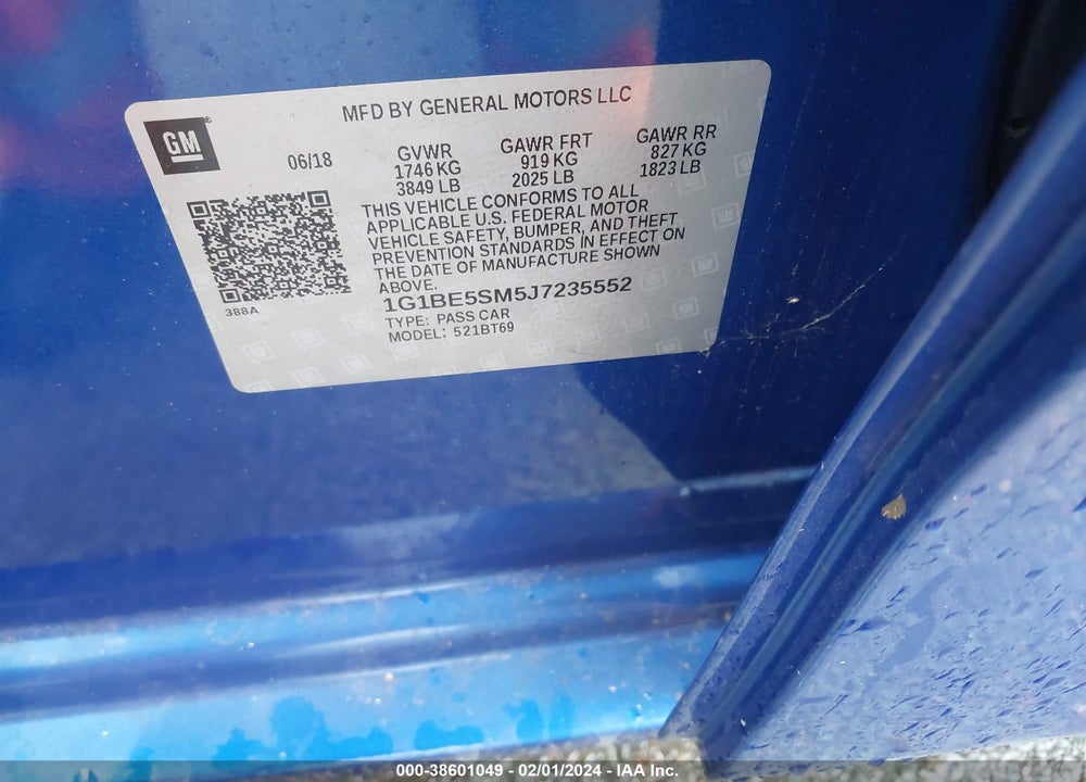 2018 CHEVROLET CRUZE LT AUTO VIN: 1G1BE5SM5J7235552