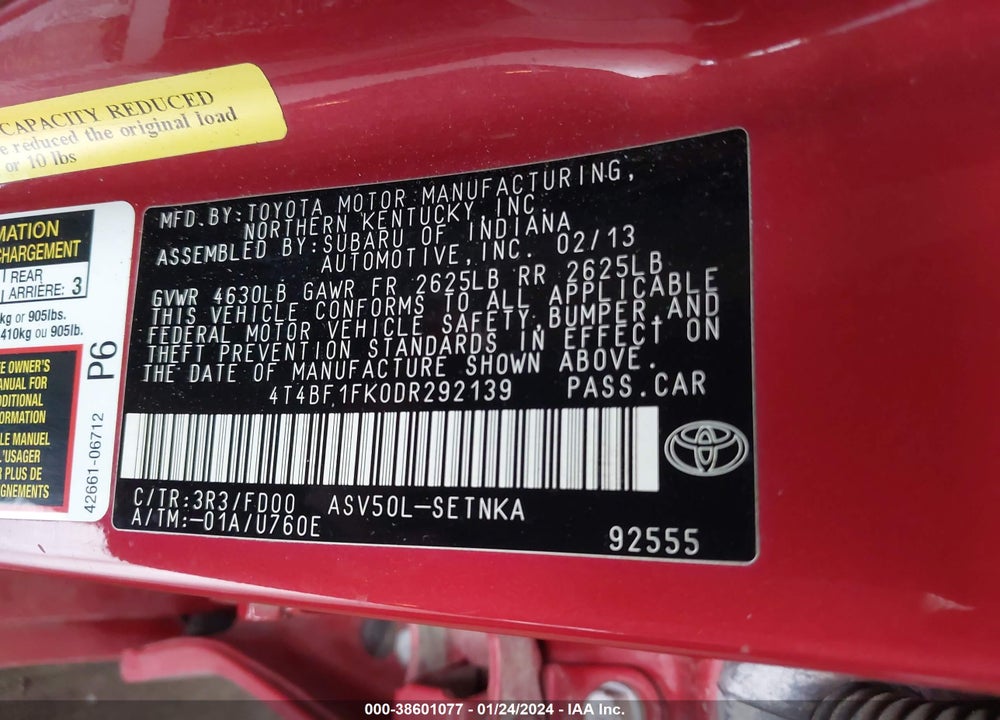 2013 TOYOTA CAMRY L/LE/SE/XLE VIN: 4T4BF1FK0DR292139