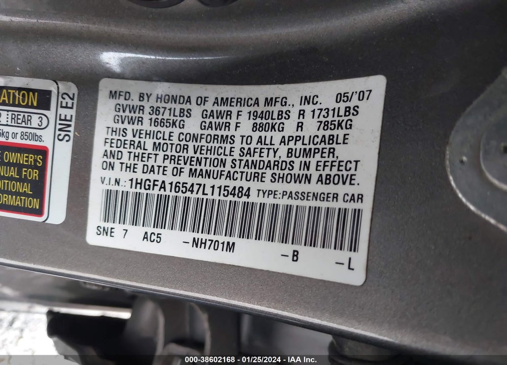 2007 HONDA CIVIC LX VIN: 1HGFA16547L115484