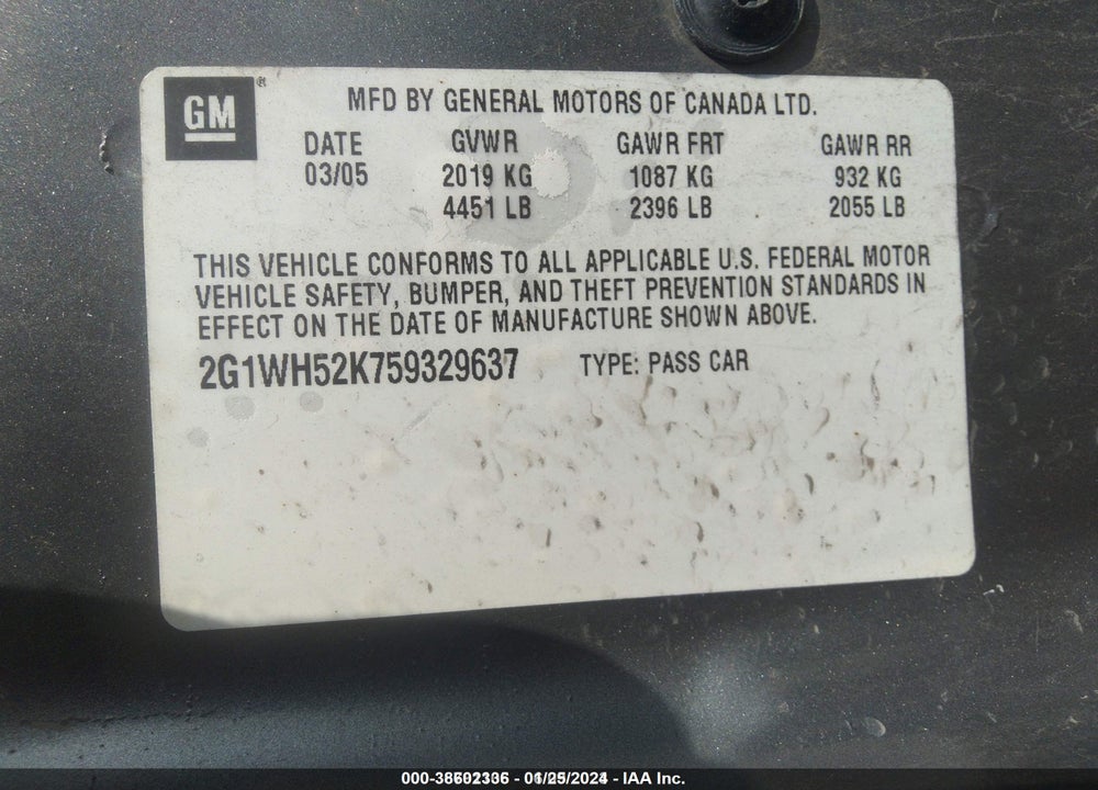 2005 CHEVROLET IMPALA LS VIN: 2G1WH52K759329637