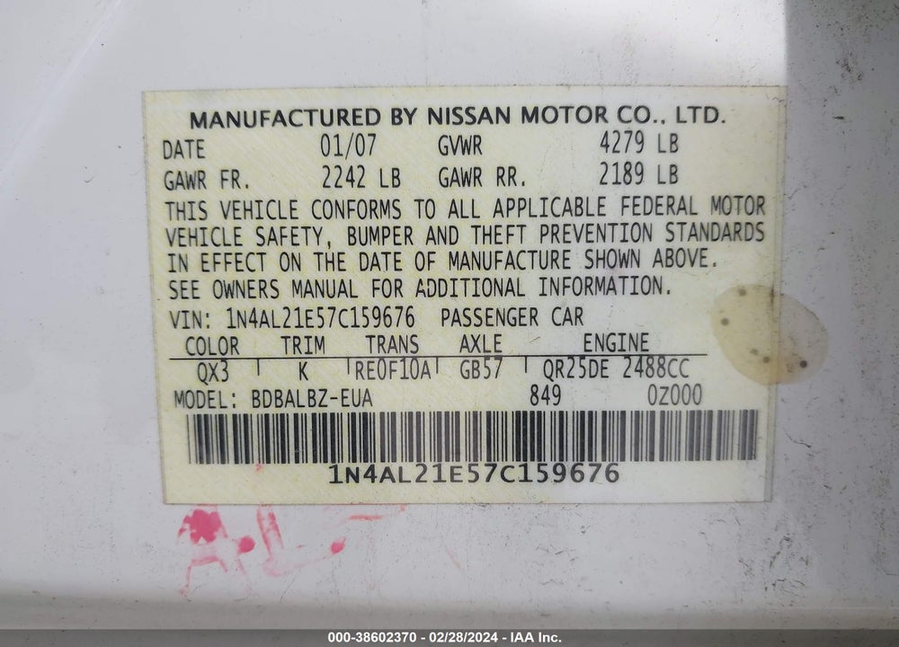 2007 NISSAN ALTIMA 2.5 S VIN: 1N4AL21E57C159676