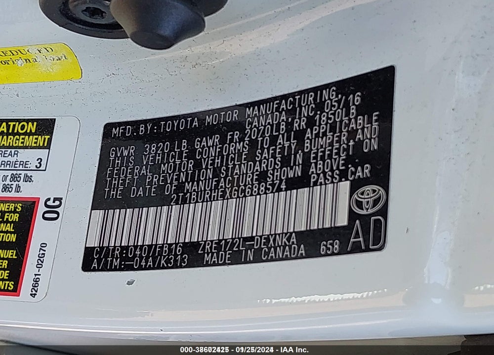 2016 TOYOTA COROLLA LE VIN: 2T1BURHEXGC688574