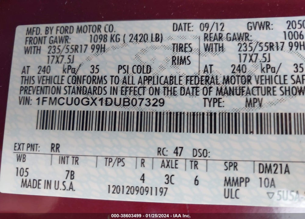 2013 FORD ESCAPE SE VIN: 1FMCU0GX1DUB07329